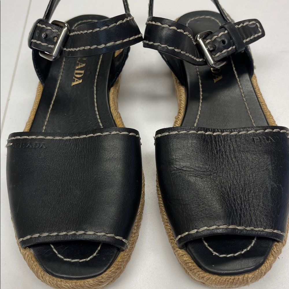 Prada Vitello Montana Logo Espadrille Sandals in Black.Sz 6.5. Stylish & Comfy - Picture 7 of 7